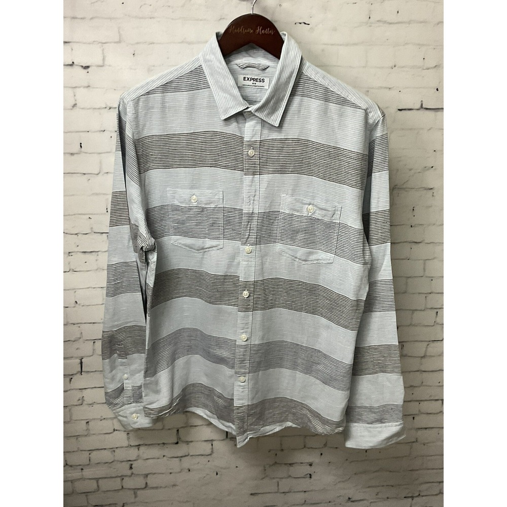 Express Mens Sz M Blue Stripe Button Up Long Sleeve Shirt Cotton Linen R1